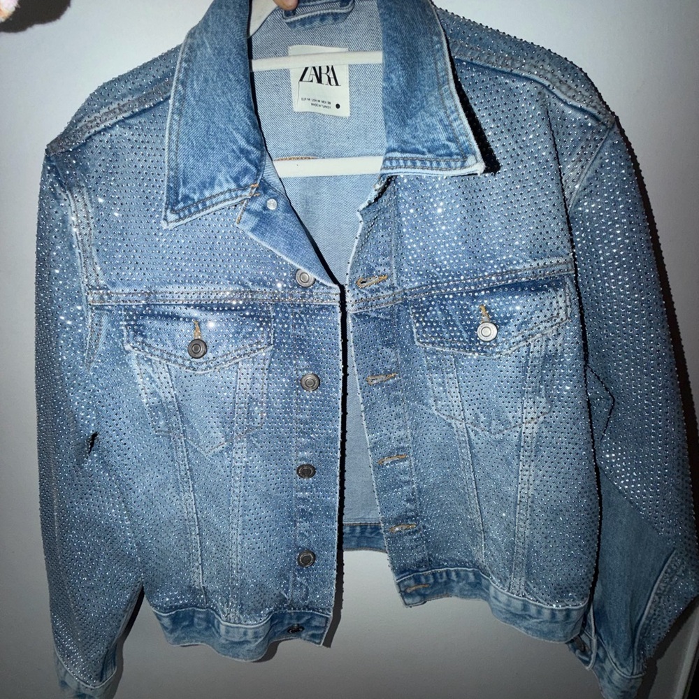 Zara Light Blue Embellished Denim Jacket